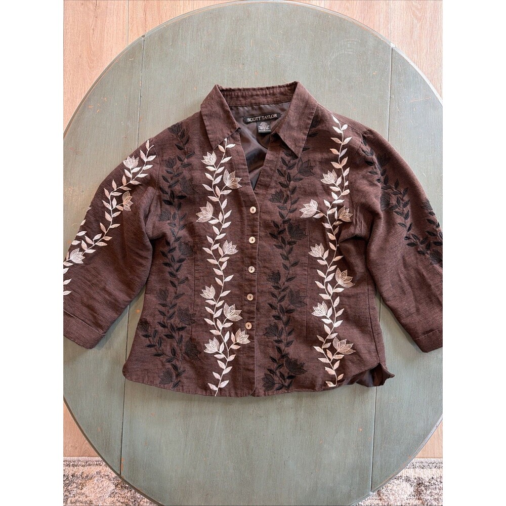 Scott Taylor Brown Embroidered Silk Jacket Blouse Womens Size L